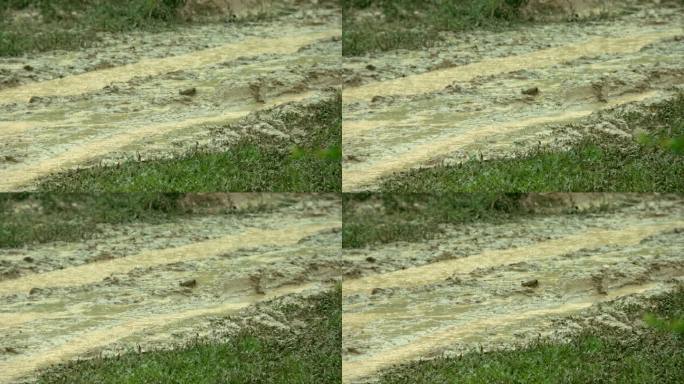 下雨雨水泥泞土路