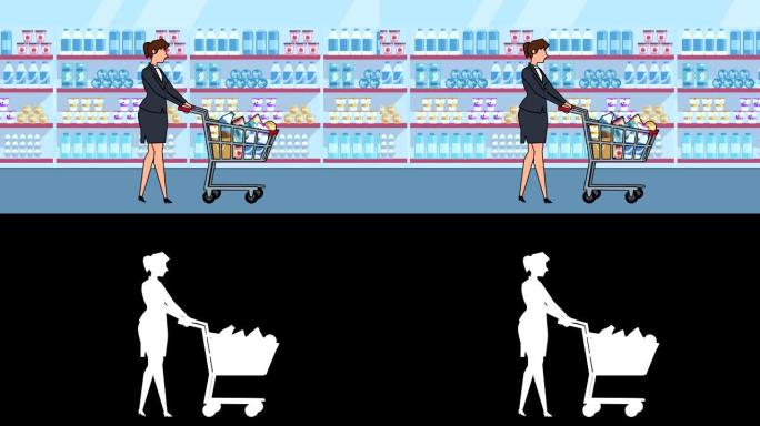 平面卡通女商人角色步行附带购物车动画