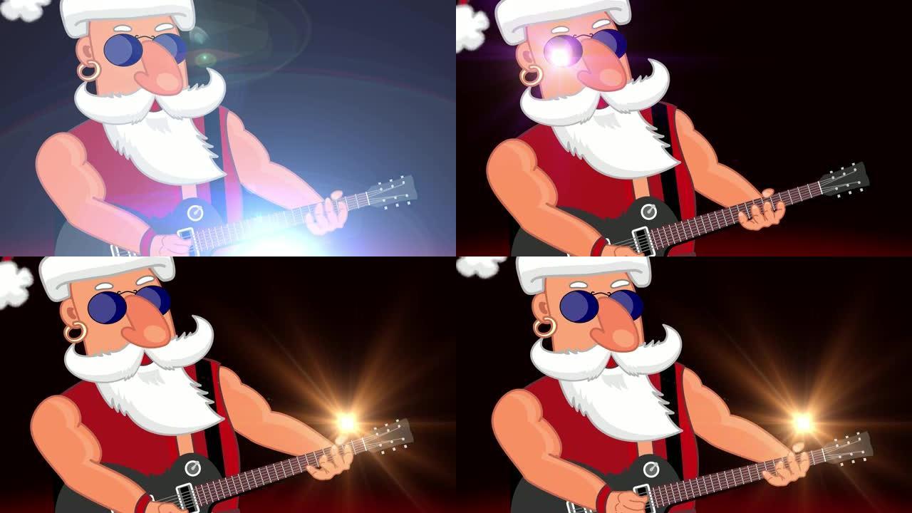 坏圣诞老人摇滚明星弹吉他。丰富多彩的表演。2d动画。