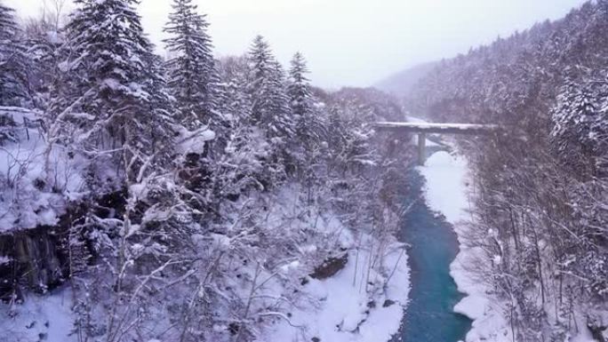 日本北海道冬季雪季白重瀑布景观