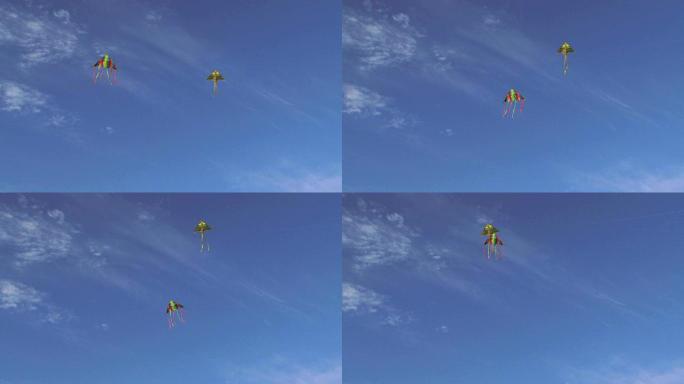 两只五颜六色的风筝在蓝天上高高飘扬