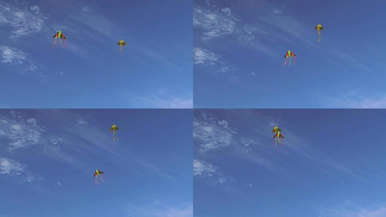 两只五颜六色的风筝在蓝天上高高飘扬