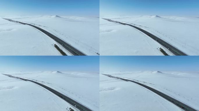 内蒙古呼伦贝尔雪原公路自然风光航拍