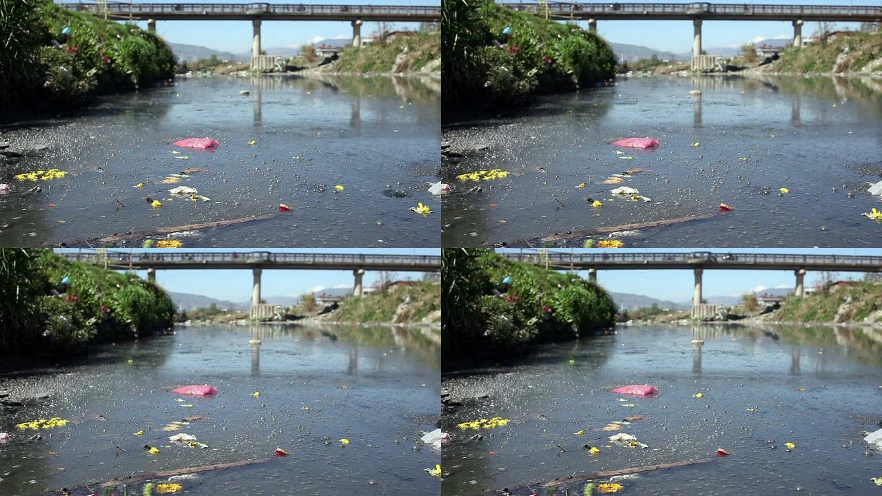 高清: 亚洲受污染河流的静态镜头。