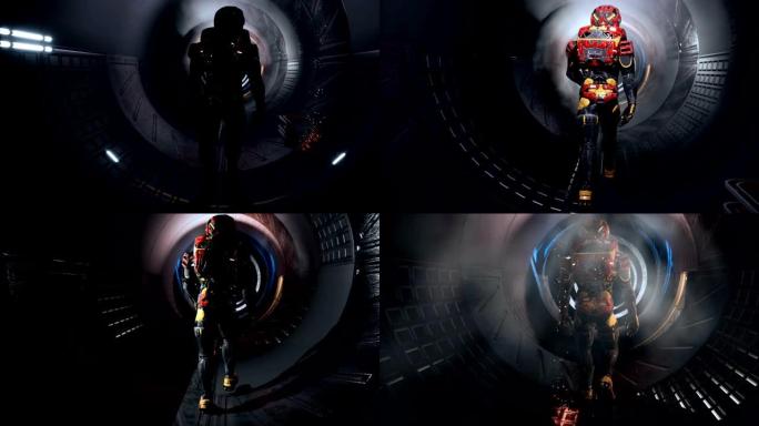 宇航员穿过一个充满火花和烟雾的未来派科幻隧道，内部视图。
