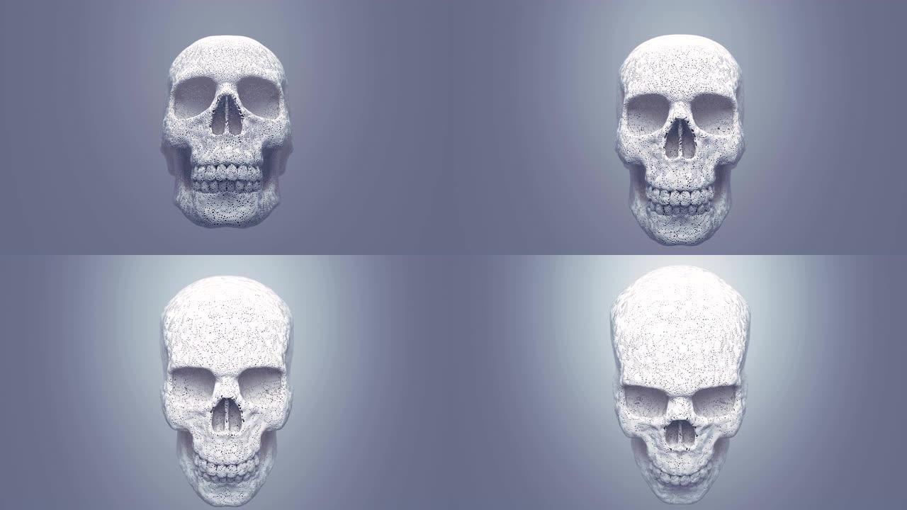 电脑生成的白色塑料线头骨被轻雾包围的抽象动画。动态效应。几何现代图案。3d渲染。4K，超高清分辨率