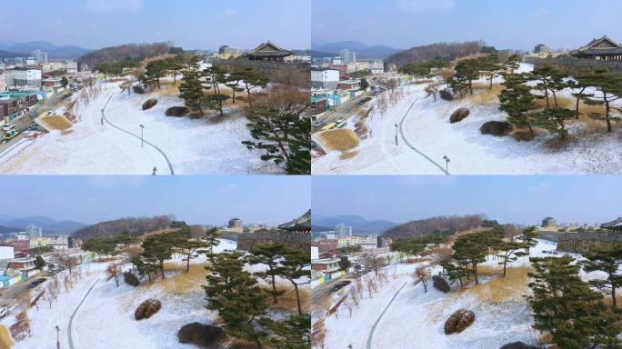 水原市韩国传统建筑华城的鸟瞰图。冬天，韩国。