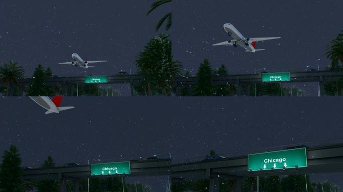 飞机在下雪的夜晚从美国芝加哥机场起飞