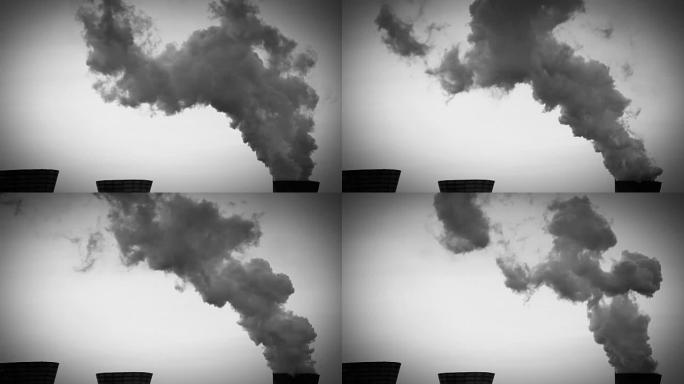 化学工厂冷却器散发蒸气的黑白插图
