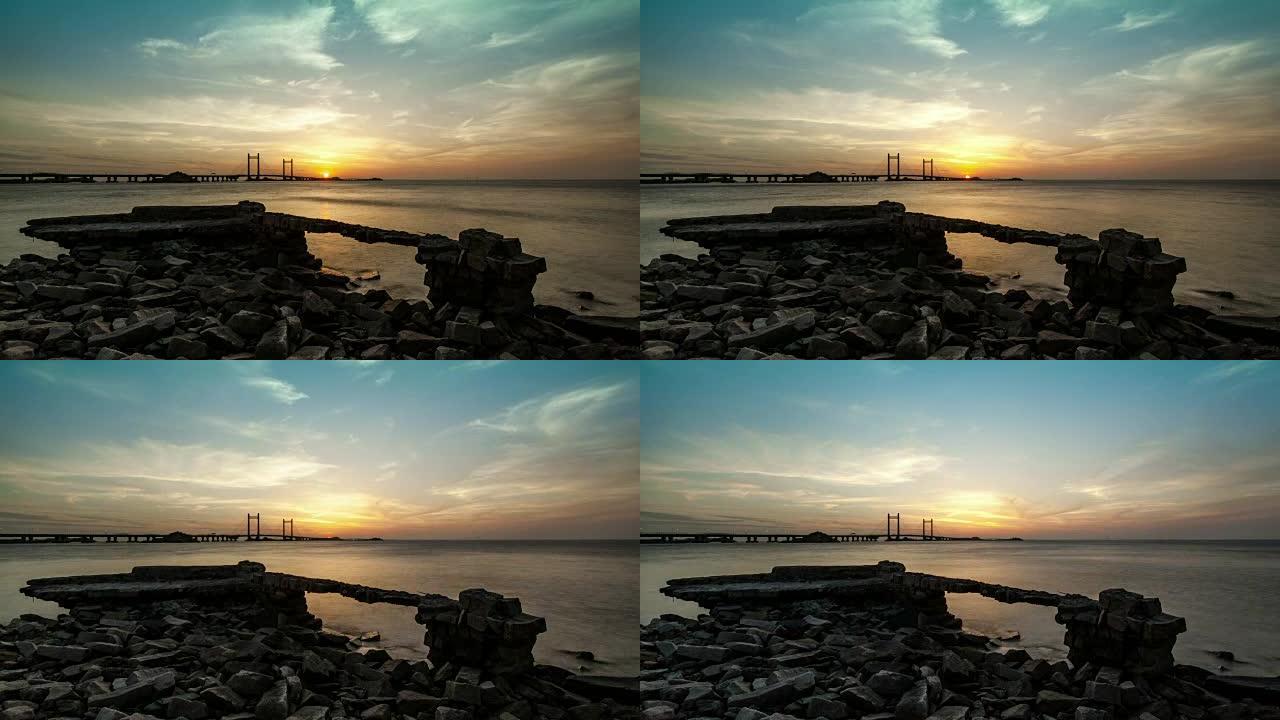 东海大桥日落，上海洋山深水港，时光流逝，4k