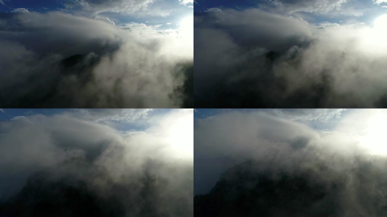 无人机在热索斯古城日落时的太阳，云彩和薄雾之舞