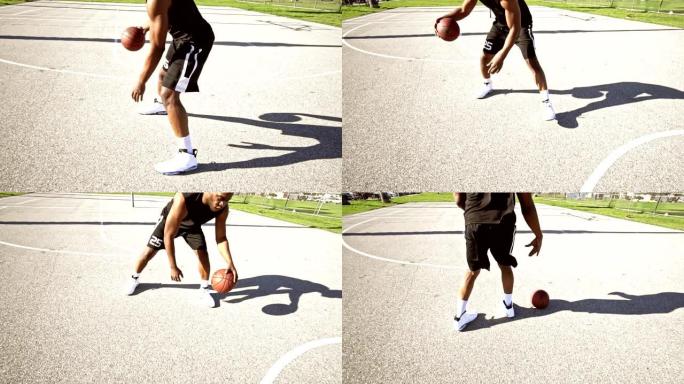 男子在街头篮球场弹跳球