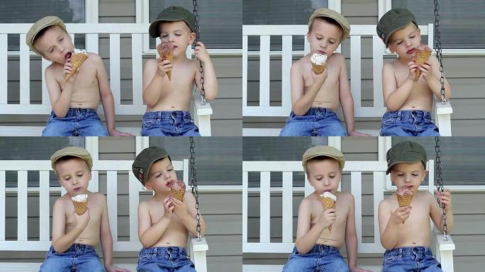 2个男孩在秋千上吃冰淇淋蛋筒