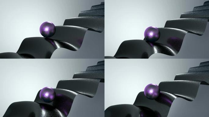 带有纹理黑色波浪材料的紫色球的抽象3d动画。4k无缝循环动画。