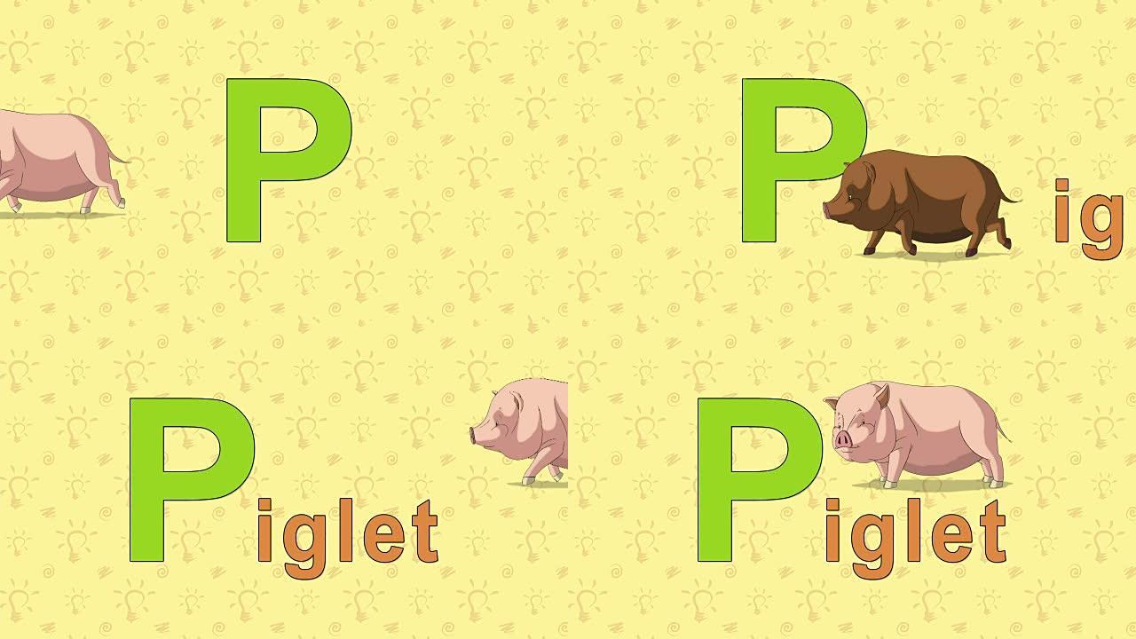 小猪。英语动物园字母-字母P