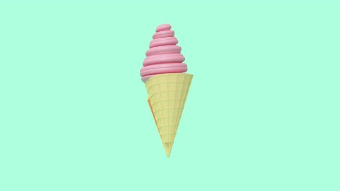 抽象粉色冰淇淋蛋卷悬浮旋转绿色黑底3d渲染运动