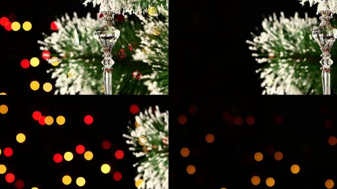 不寻常的装饰-圣诞树上的水晶玩具，bokeh，光，黑色，花环，凸轮向左移动
