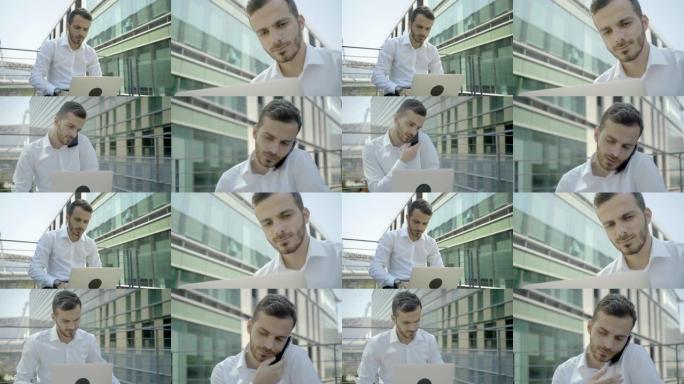 在笔记本电脑上工作的商人拼贴画，在电话上聊天