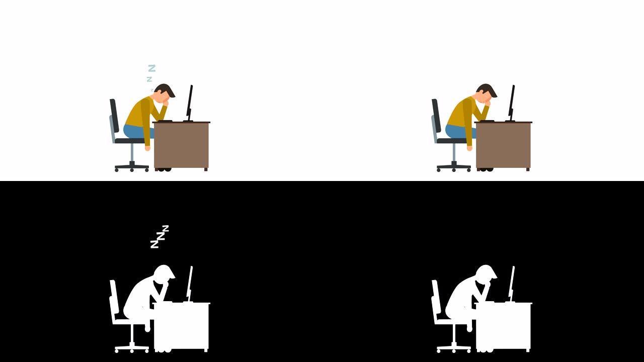 简笔画象形图男子在工作时睡觉在电脑角色平面动画附近