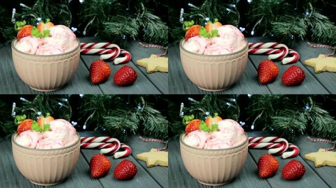 新年冰淇淋。圣诞树背景上冰淇淋和草莓的精美成分