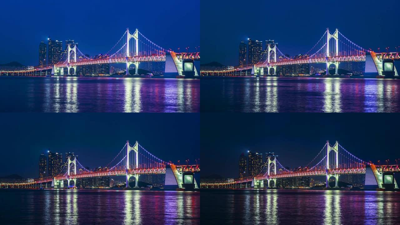 釜山城市景观。韩国釜山广安大桥的时间流逝