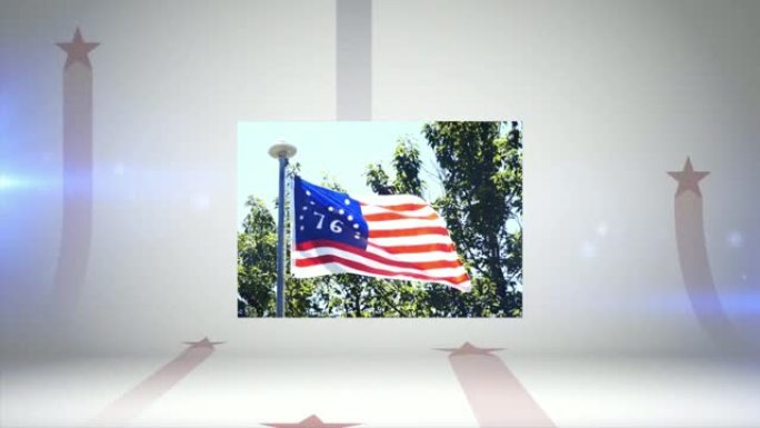7月4日的烟火动画，一面美国国旗和76号本宁顿国旗