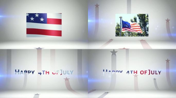 7月4日的烟火动画，一面美国国旗和76号本宁顿国旗