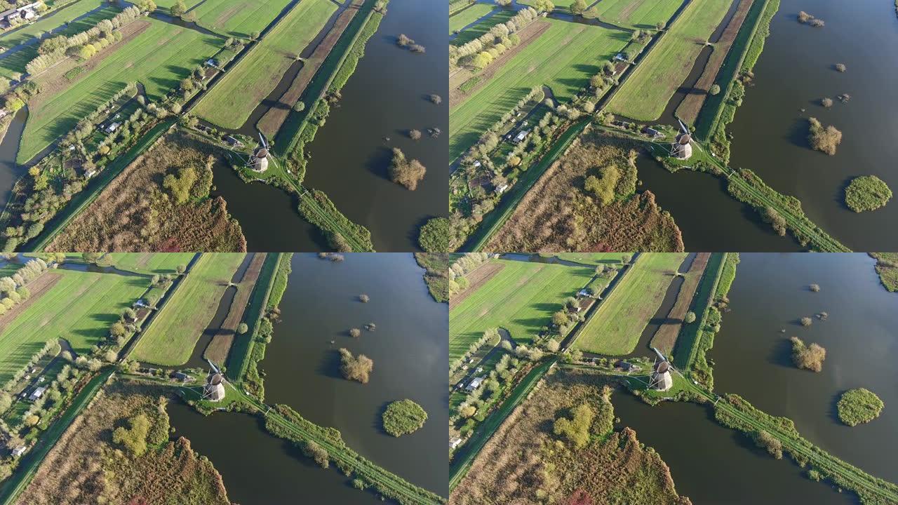 荷兰金德迪克的历史旧风车鸟瞰图