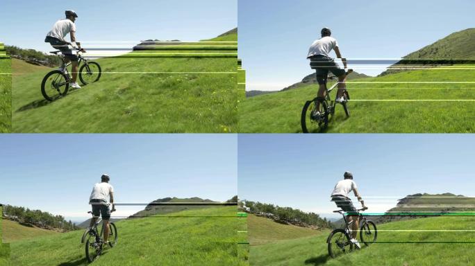 年轻人骑着山地车在户外自然山区风景夏日 -- 万向节steadicam高清视频片段