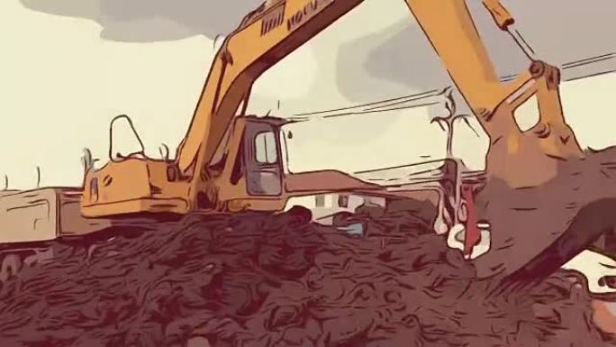 动画卡通素描，工地挖掘机