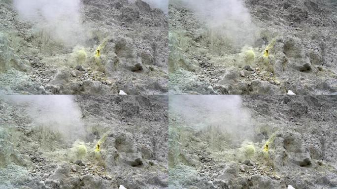 火山顶部的Fumarola和周围的黄色凝固的硫