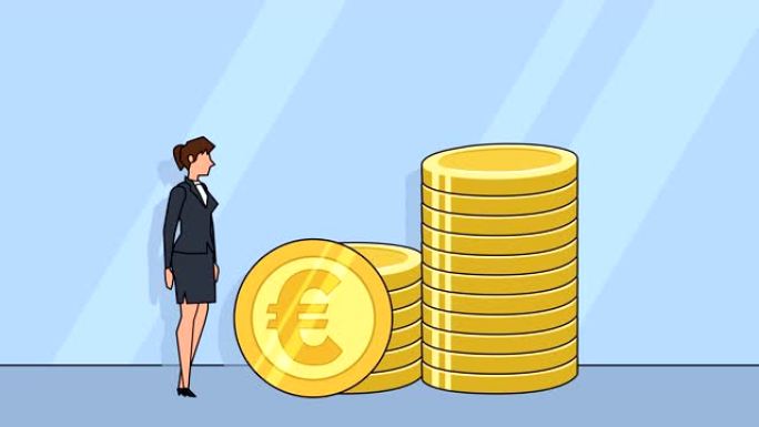 平面卡通女商人角色卷欧元硬币概念动画
