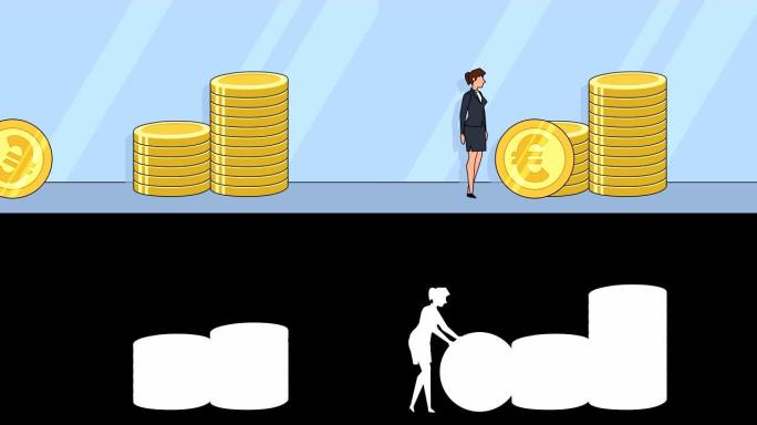 平面卡通女商人角色卷欧元硬币概念动画