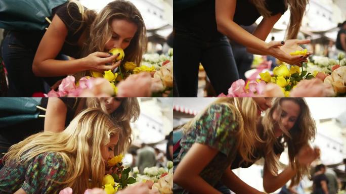 巴西母女在市场上看花