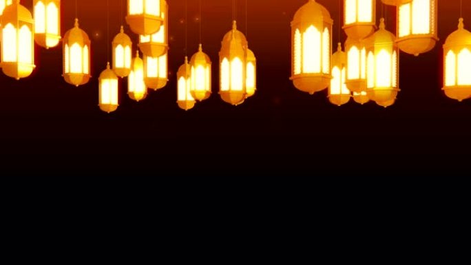 黑暗背景上悬挂在天花板上的发光庆祝灯笼。斋月卡里姆伊斯兰运动背景。3d可循环动画。