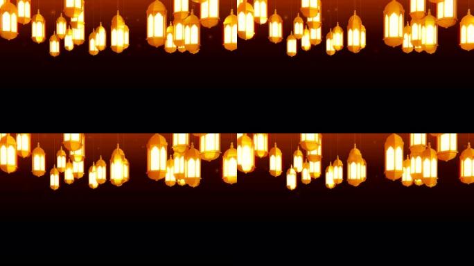 黑暗背景上悬挂在天花板上的发光庆祝灯笼。斋月卡里姆伊斯兰运动背景。3d可循环动画。