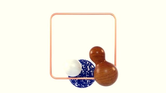 抽象3d渲染运动图形白色背景蓝白色大理石形状漂浮/悬浮软体橙色金属铜框架