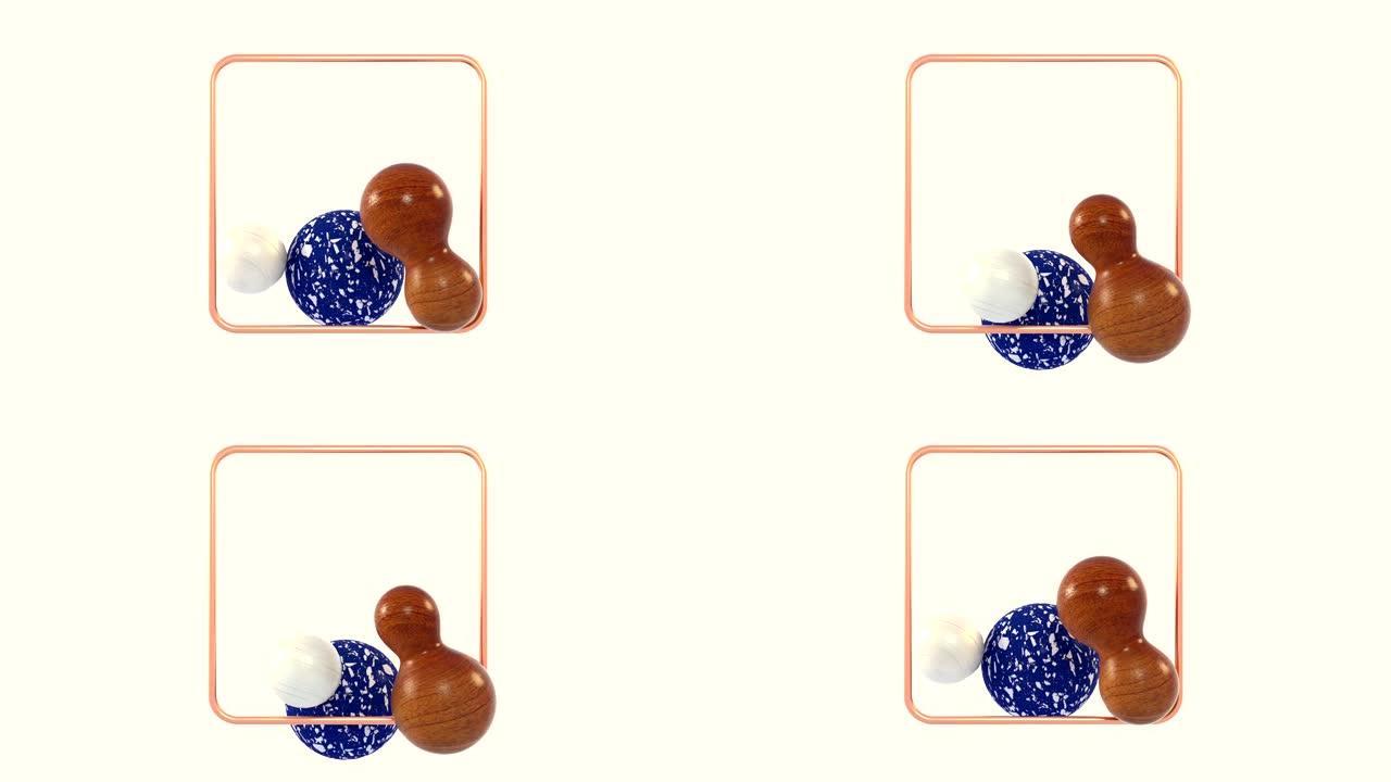 抽象3d渲染运动图形白色背景蓝白色大理石形状漂浮/悬浮软体橙色金属铜框架