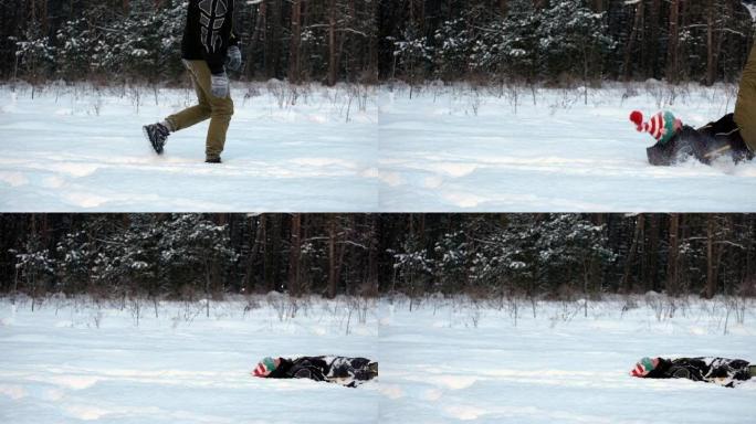 男子在雪地里行走，滑倒，平稳地进入慢动作