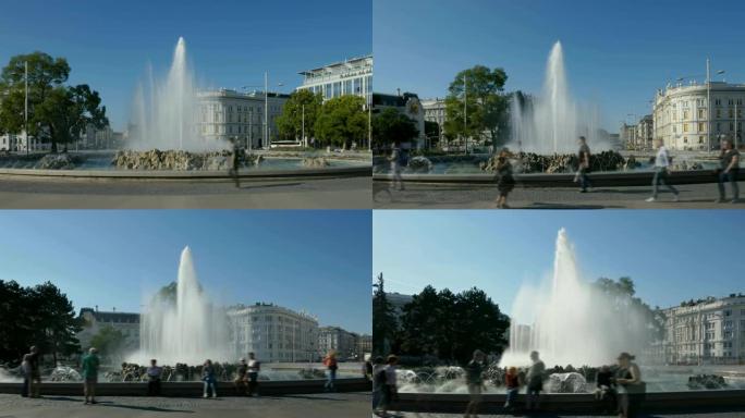 维也纳Schwarzenbergplatz上的Hochstrahlbrunnen喷泉过度流失。晴朗夏