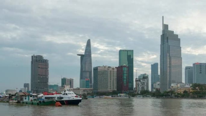 越南胡志明市河畔的延时景观天际线日落到夜晚