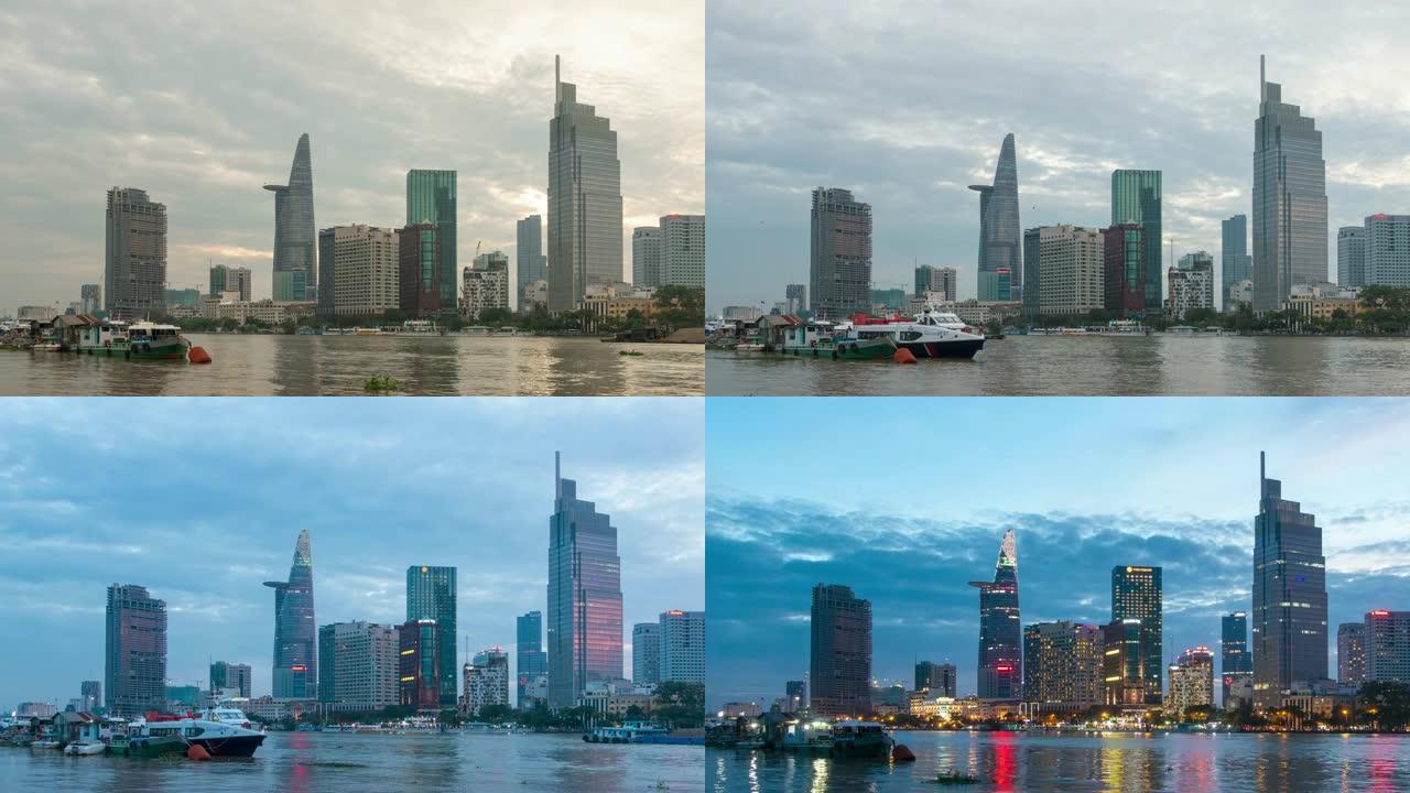 越南胡志明市河畔的延时景观天际线日落到夜晚