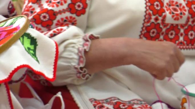 穿着民族服装的针线女绣在箍上。传统的红色和黑色十字绣。白俄罗斯民间刺绣，三种颜色 -- 白色、红色和