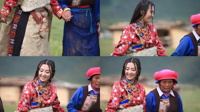 草地上跳舞的藏族姑娘妇女