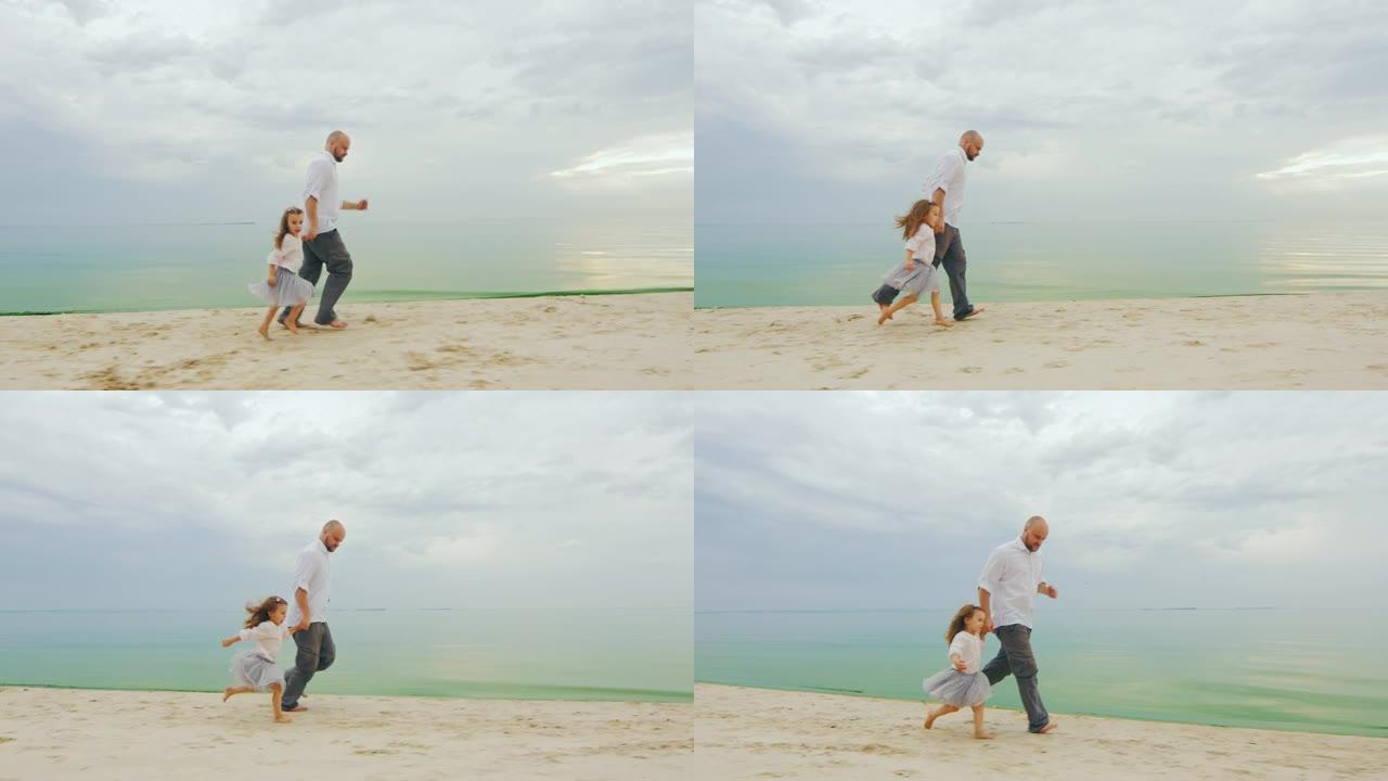 年轻的爸爸和女儿一起散步。把它扛在肩上。在美丽的大海和天空的背景下