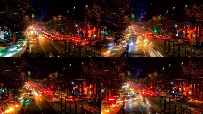 夜间在埃里温 (Yerevan) 街头混搭上长时间曝光的汽车的延时视频。