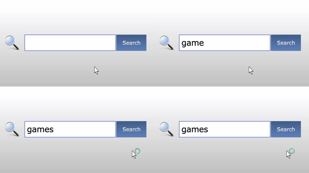 游戏-图形浏览器搜索查询，网页，用户输入搜索相关结果，计算机上网技术。网页浏览打字字母，填写表格按下