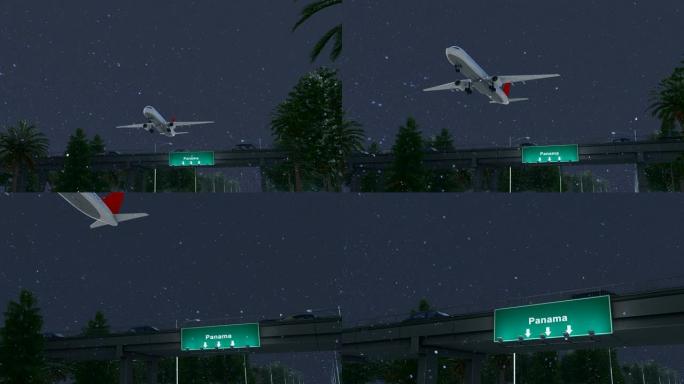 飞机在下雪的夜晚从美国巴拿马机场起飞