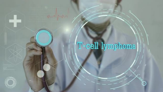T细胞淋巴瘤。医生使用听诊器的医学背景。未来技术。数据全息图健康概念。