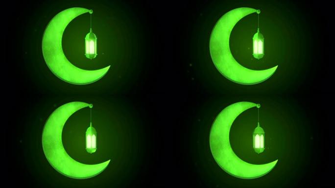 黑色背景下挂在月亮上的发光庆祝灯笼。斋月卡里姆伊斯兰运动背景。3d可循环动画。